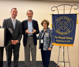 Robert W. Poole, Jr. 2025 P.D. McLean Memorial Award winner Robert Poole of Reason Foundation (center) with Road Gang 4th Vice Chair Marc Scribner (left) and Road Gang Chair Susan Binder (right) (January 2026).